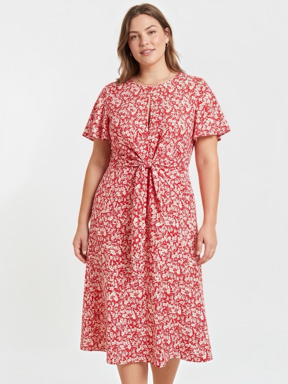 Lauren Ralph Lauren Red Floral Keyhole Midi Dress Crepe Tie Waist Sz 14